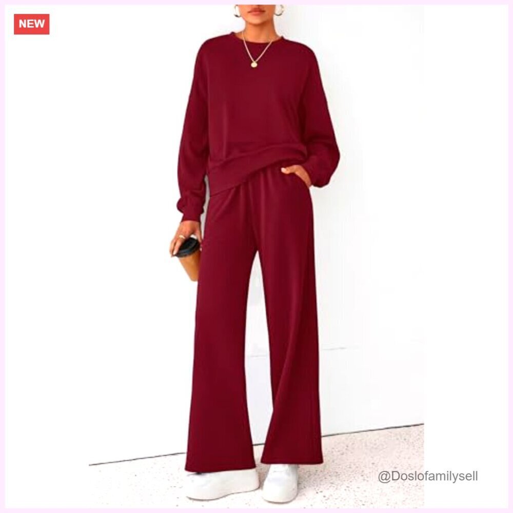 Women's 2-Piece Sweatsuit Set, Crewneck Sweatshirt & Wide Leg Sweatpants, Loose - Picture 3 of 7